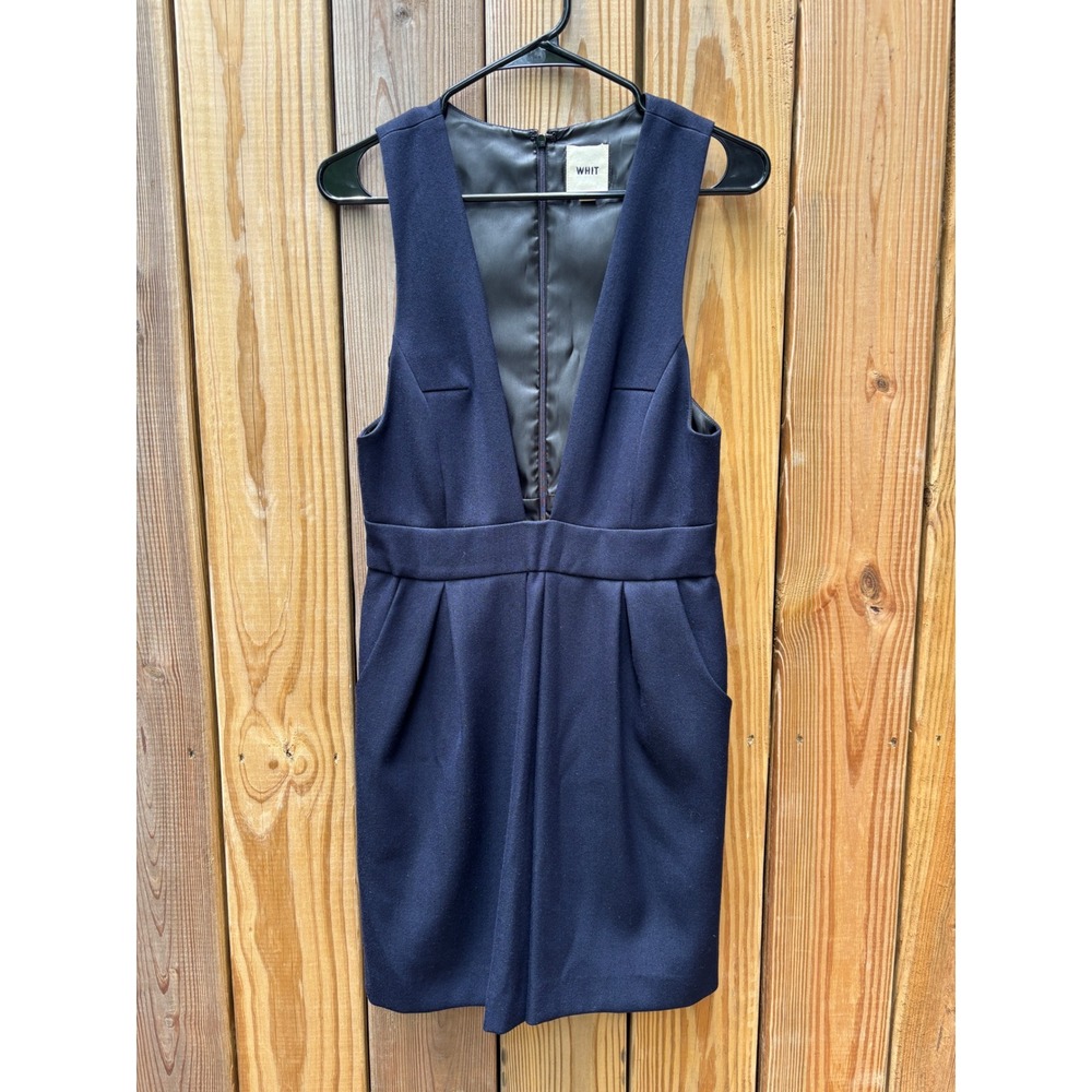 WHIT Navy Blue Wool Blend Deep V-Neck Pleated Jumper Mini Dress‎ Size 6 - Picture 4 of 8